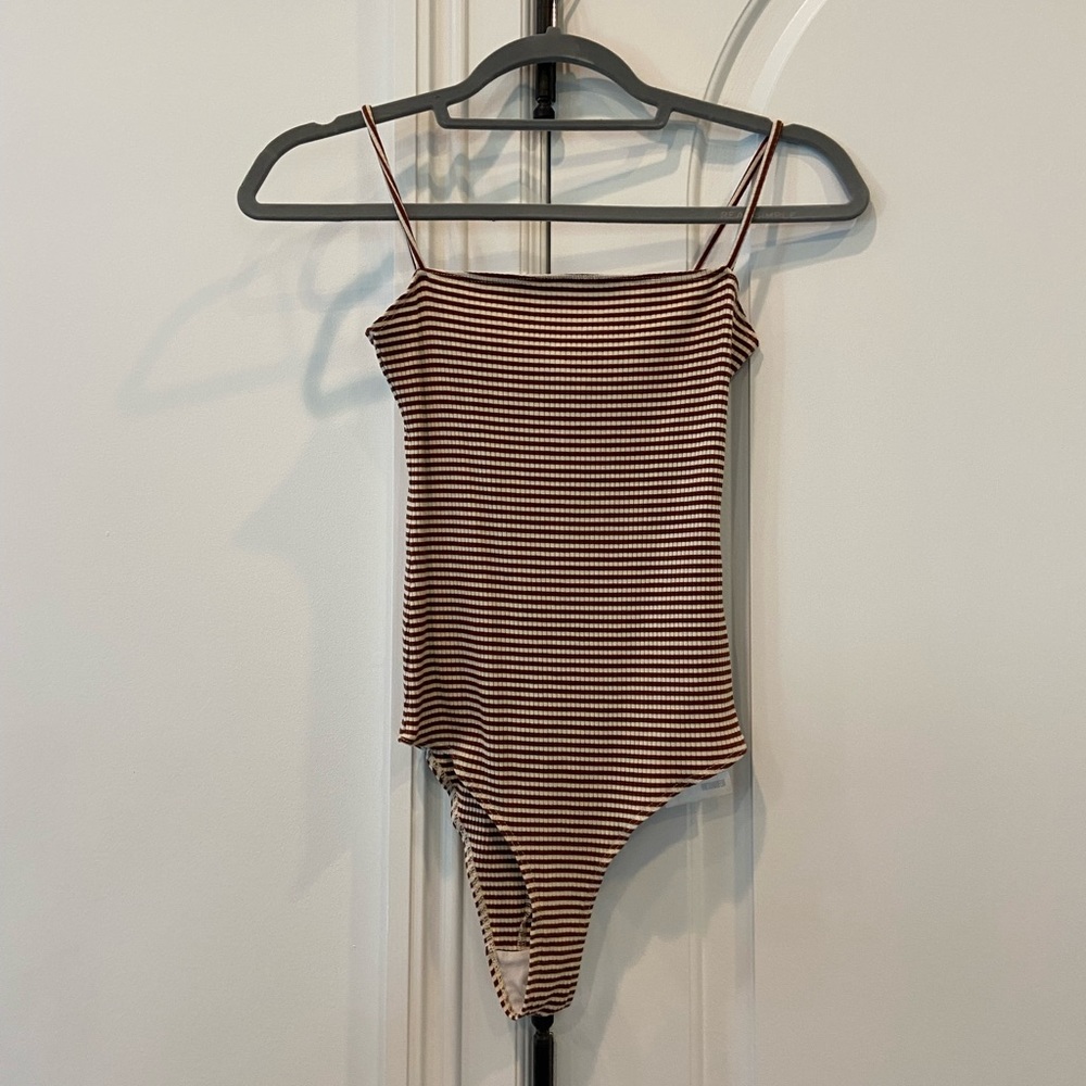 Brown and white striped Reformation bodysuit